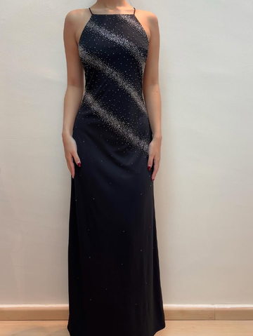 Vintage Sheath Spaghetti Strap Beaded Black Chiffon Prom Dress Evening Dress HZ1023